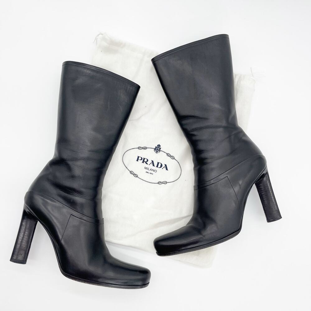 Prada Black Leather Mid-Calf Heeled Boots